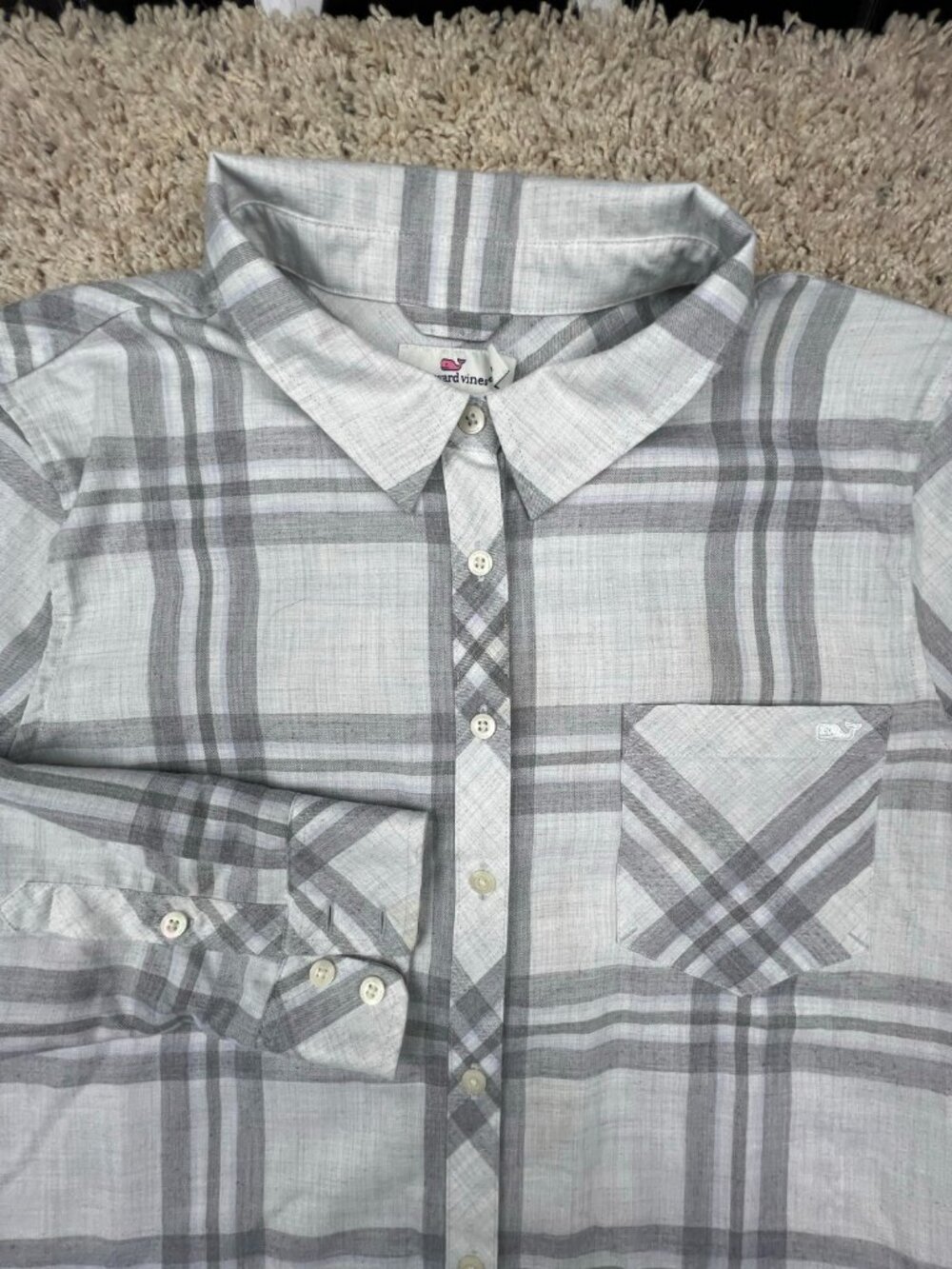 Vineyard Vines Gray White Flannel Button Up Shirt Women's Size 16 Relaxed